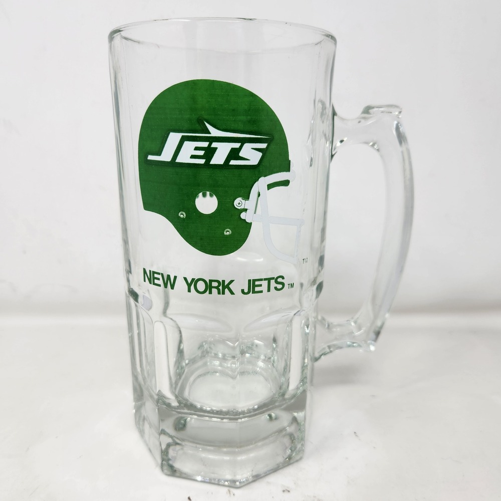 Vintage New York Jets NFL Slim Jim Glass Beer Mug Stein 8 Inch Clear Green